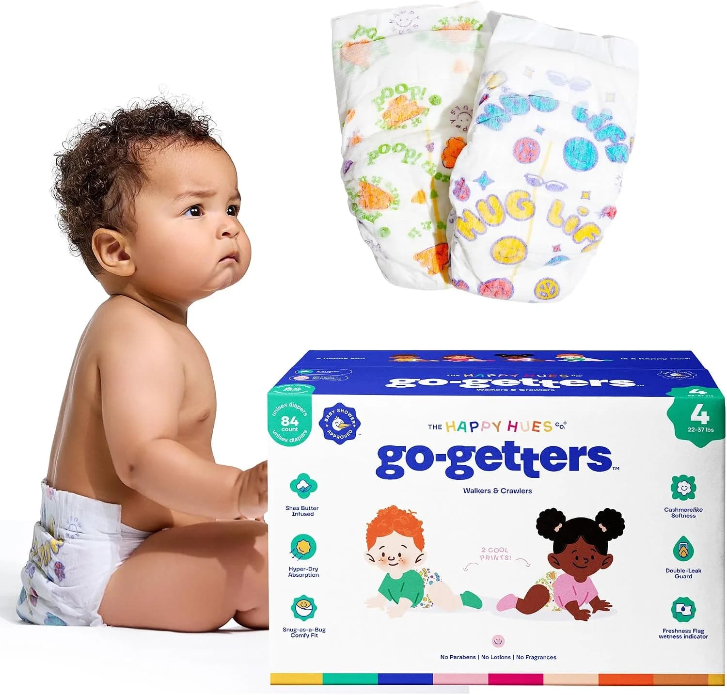 Happy Hues Go-Getters Disposable Diapers Size 4, 22-37 lbs, 84 Count
